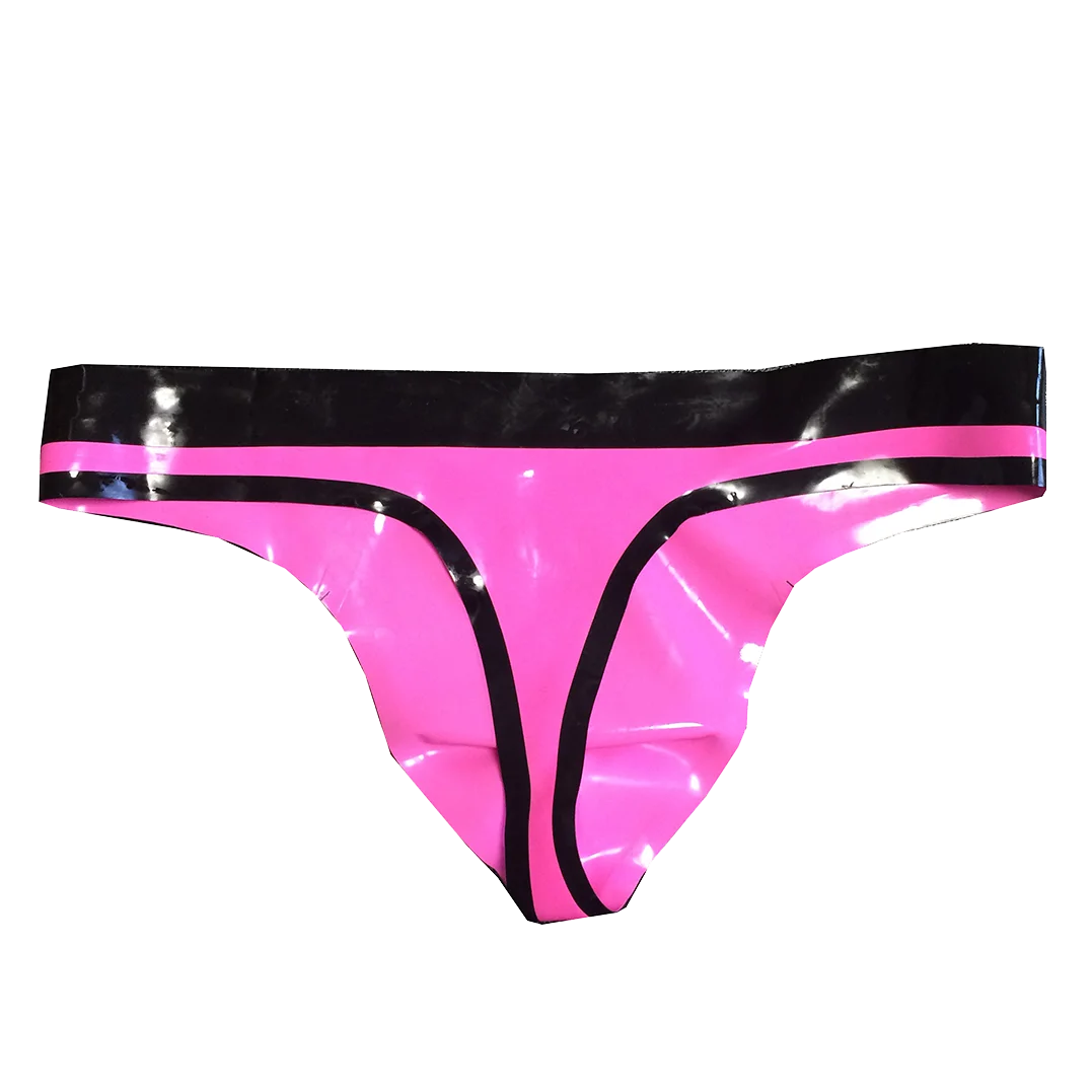 Calzoncillos sexys de látex para hombre, tangas fetiche de goma rosa y negra, parte trasera en T, pantalones cortos de talla grande 3XL, ropa