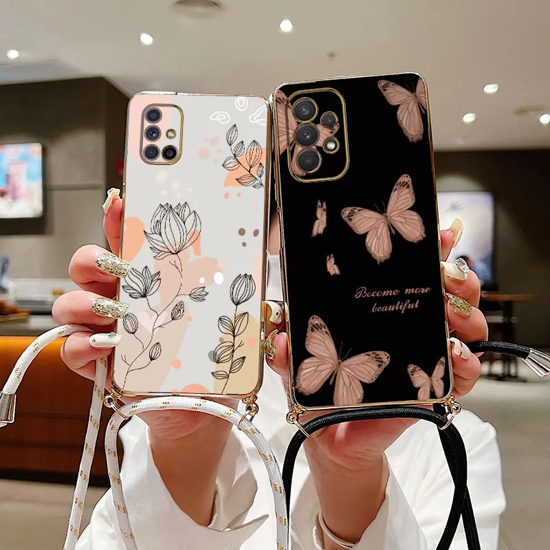 Plant Plating Diagonal Lanyard Phone Case For Samsung Galaxy A52 A51 A53 A52 A72 A71 A73 A42 A33 A32 A34 A23 A22 A21S A14 Cover