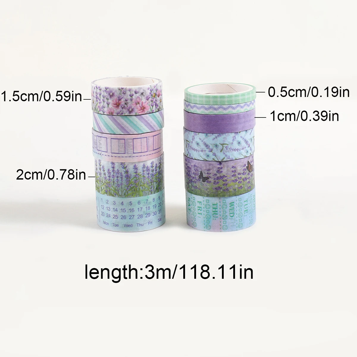 11 rolls lavender-themed washi tape, floral geometric patterns, suitable for DIY scrapbooking, album decoration material