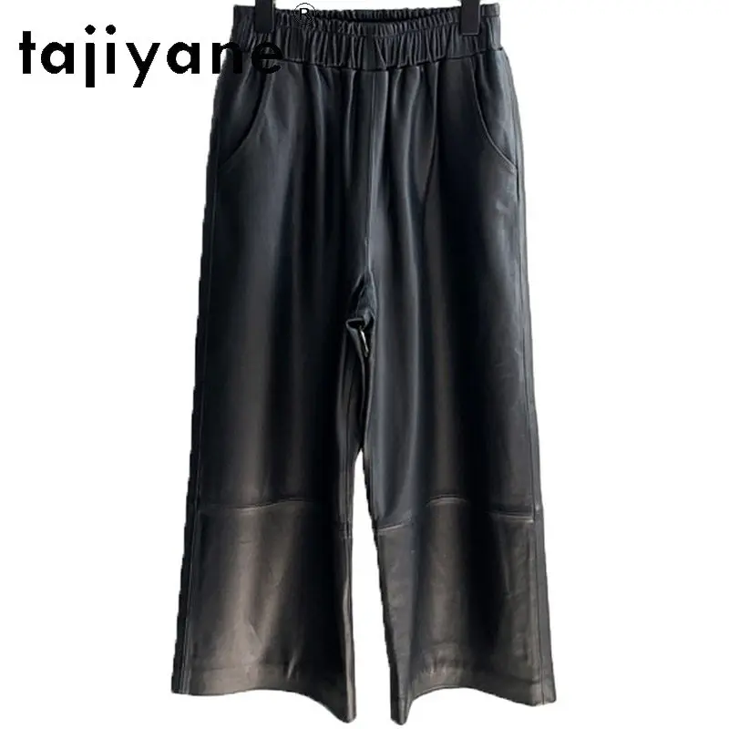 TAJIYANE New Real Leather Pants Sheepskin Wide Leg Pants Women Elastic Waist Black Pants for Woman Straight Trousers Casual 여성의류