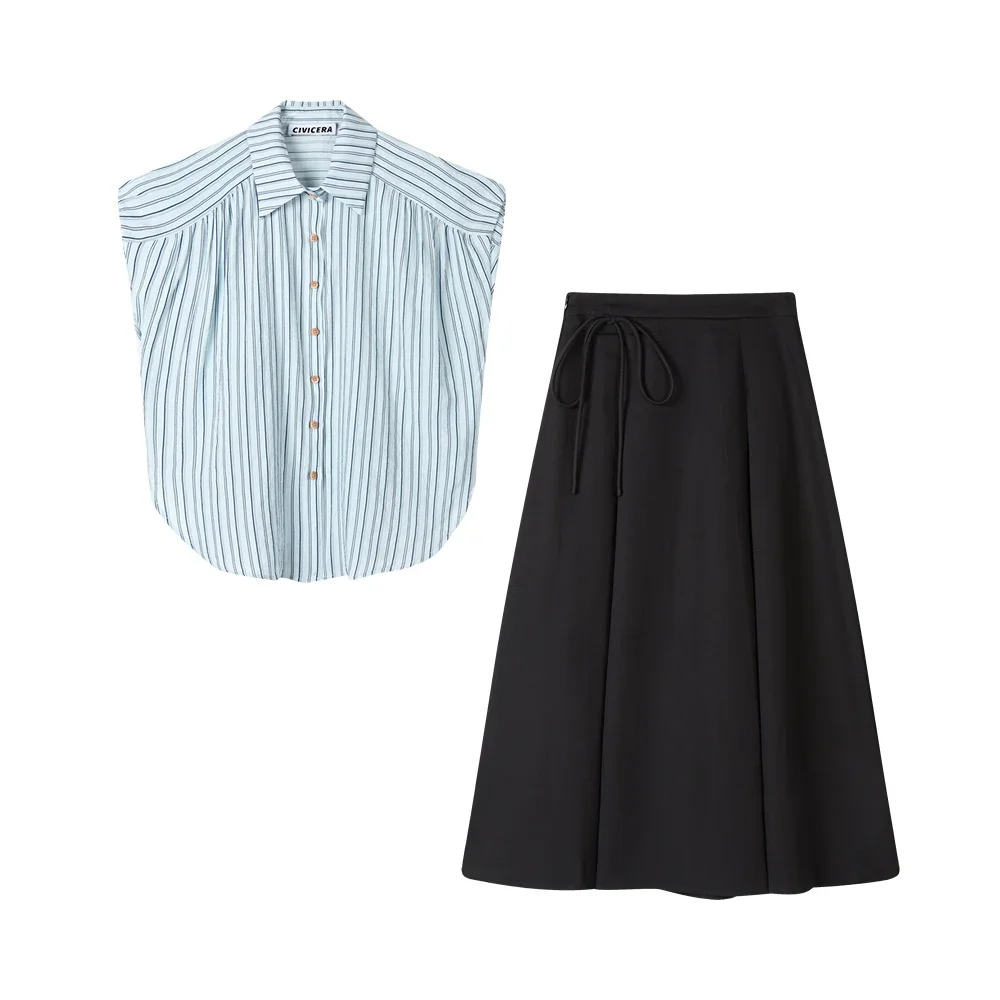 

Summer Women Two-piece New Stripe Polo Collar Sleeveless Shirt Casual High Waist Pleated Long Skirt