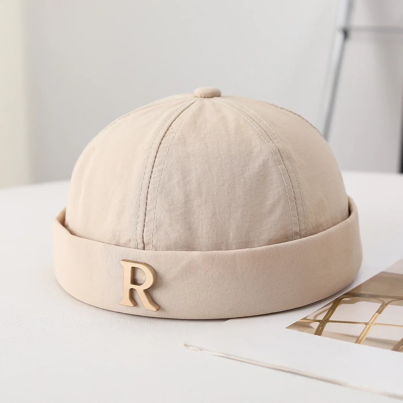 Solid Color R Logo Beanie Hat Men Casual Brimless Retro Fashion Skullcap Daily Wear Cap