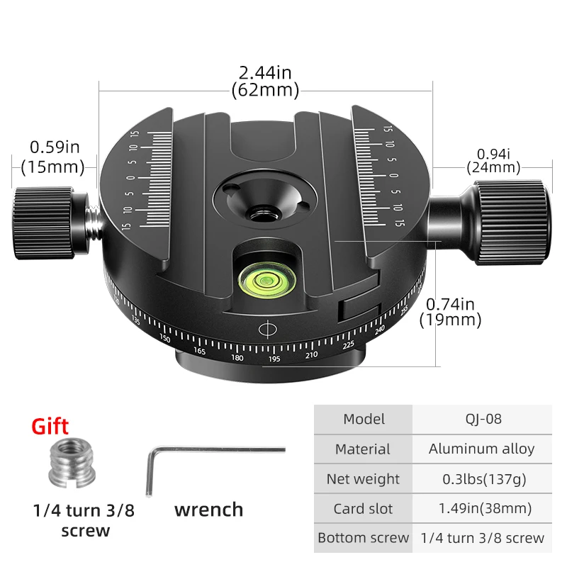 360° Panoramic Rotating Quick Release Plate Clamp Tripod Head Universal DSLR Camera Photography Quick Release Base