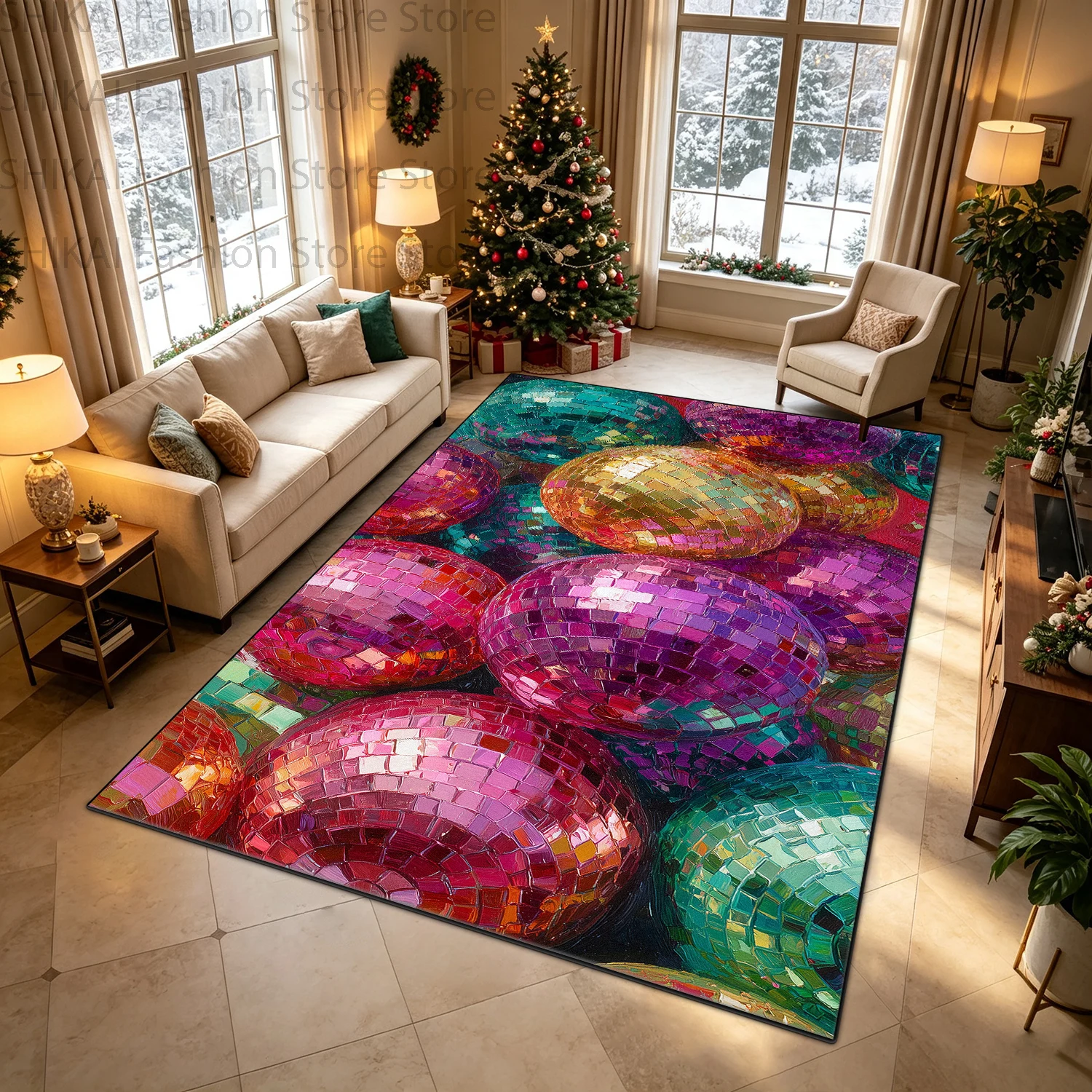Retro Disco Ball Party Decorative Rug for Living Room Short Velvet Fluffy Lounge Rug Machine Washable Foldable Mat for Bedroom