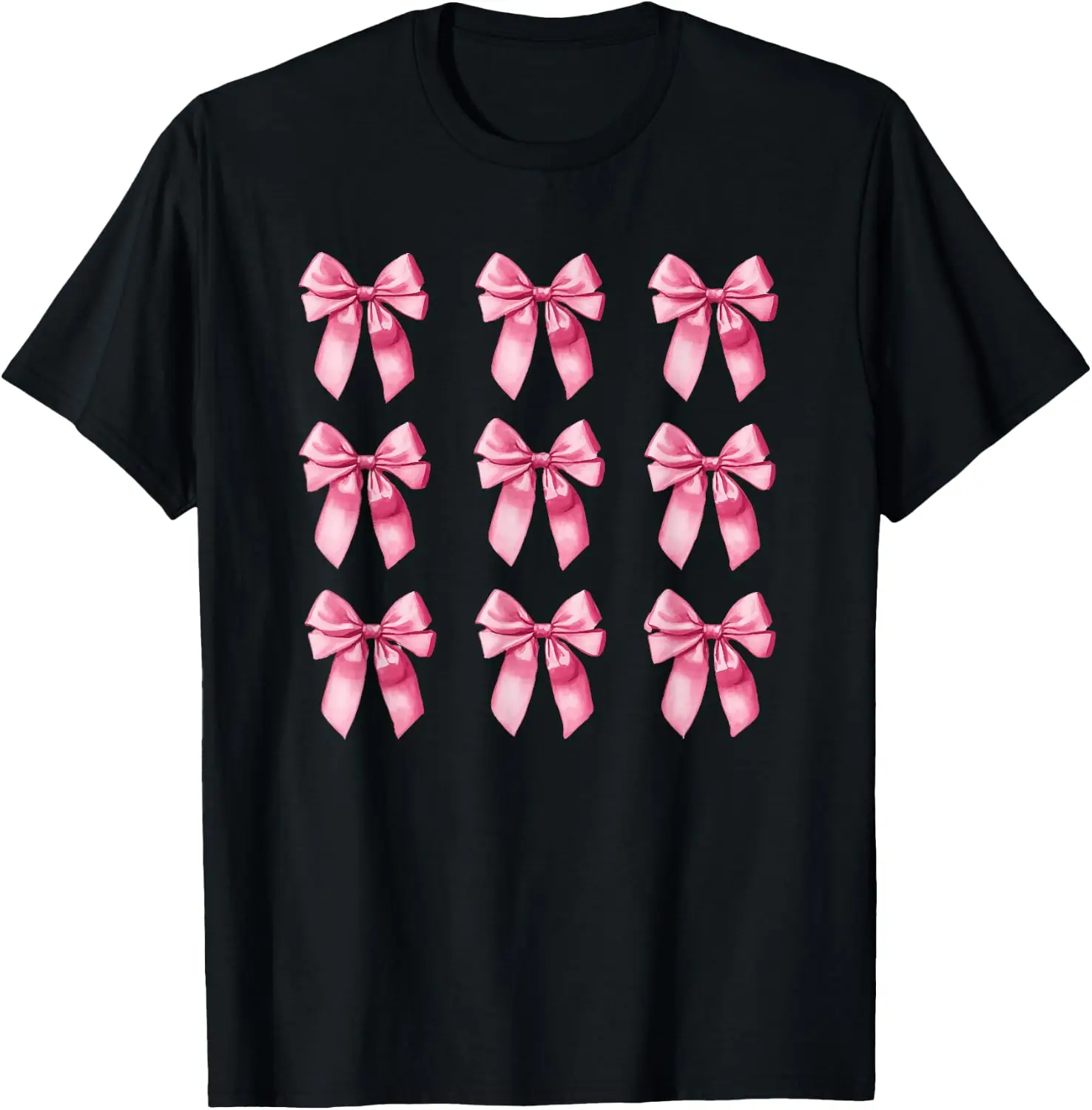 Pink Coquette Bows 3X3 Grid Soft Girl Aesthetic Design T-Shirt 100% Cotton Trendy Y2K Short-Sleeve Tee-Soft, Quick-Drying,