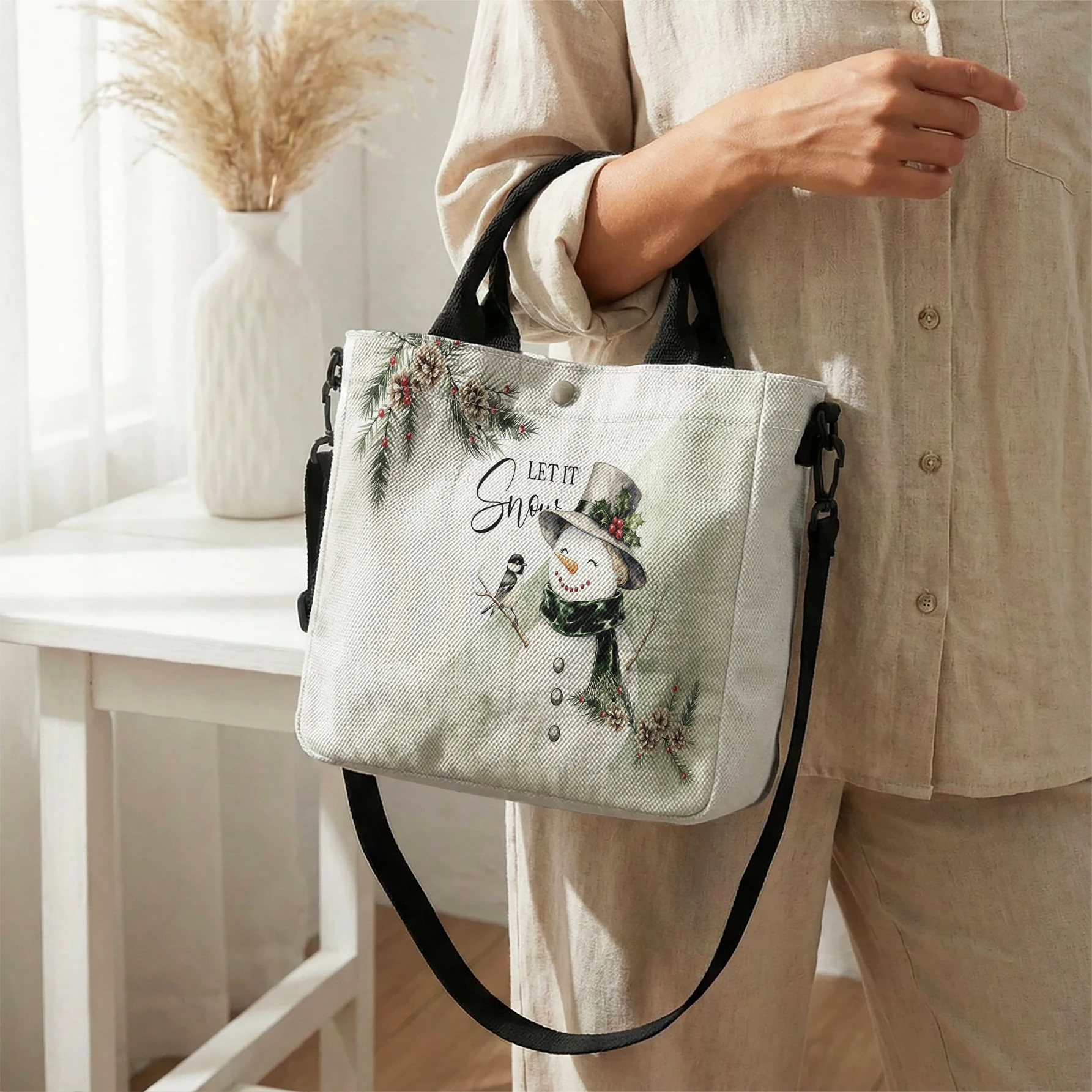 Let It Snow Snowman Bird Pine Cone Print Tote Bag, Detachable Strap Crossbody Handbag For Daily Work Shopping