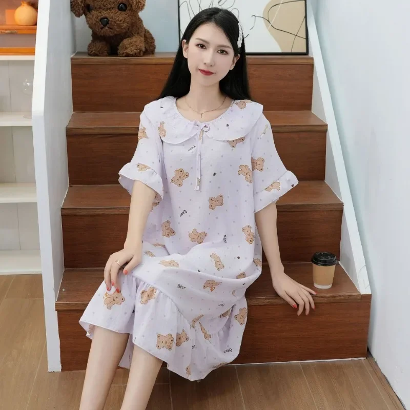 Lässige Homewear Cloud Baumwolle Nachthemden Frauen Frühling Sommer dünne kurz ärmel ige große Schlaf hemden Rüschen Rand Kleid gedruckt