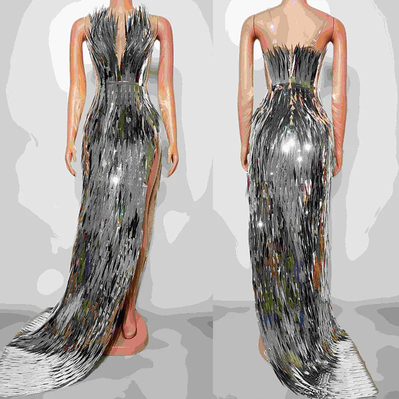 Woman Ceremonial Dress Silver Shiny Sleeveless long dress Gogo Dance Costume Festival Party Outfit Stage Performance Wear VDL107