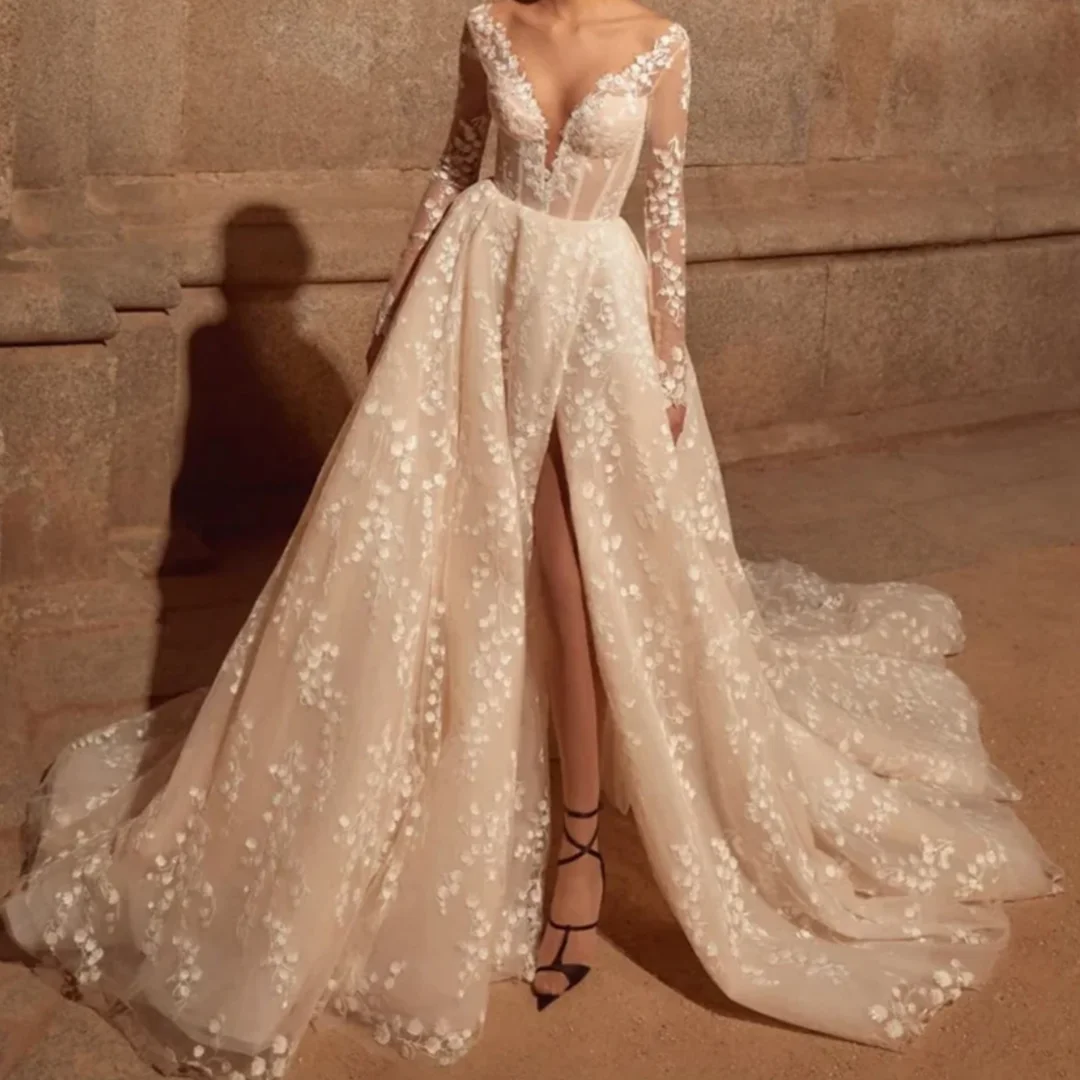 

Сексуальные изысканные аппликации с цветами и шлейфом, классический халат De Mariee с открытой спиной и длинными рукавами, кружевные винтажные свадебные платья по индивидуальному заказу