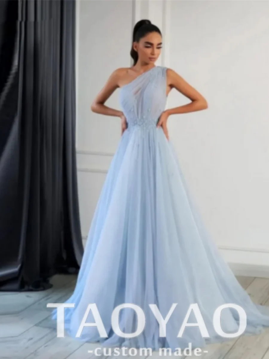 A-line 2024 Sky Blue Prom Dress Tulle One Shoulder Evening Dresses Women Wedding Party Gown Elegant Gowns Prom