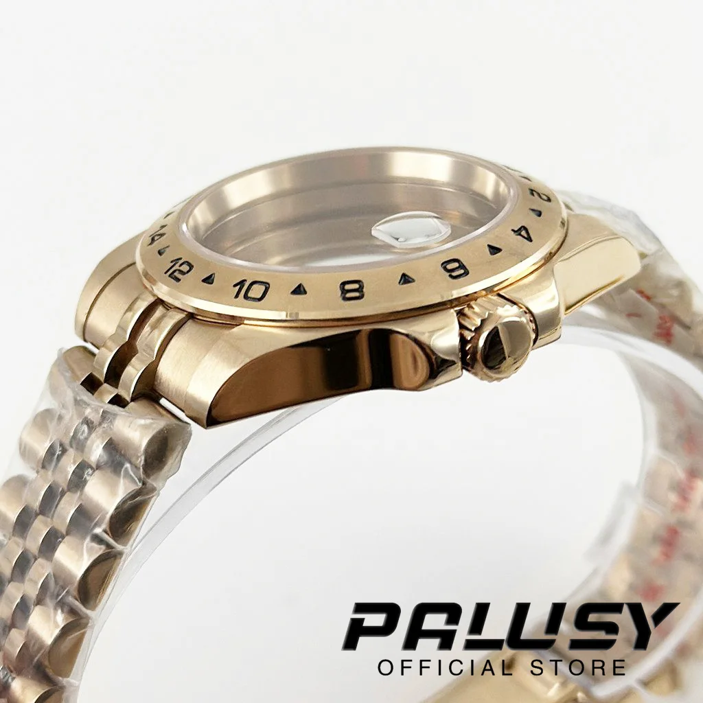 NH35 40MM Ouro Rosa EXP 24 Horas GMT Caixa de Relógio Sólido Glide Lock Fecho Vidro Safira Para NH34 NH35 NH36 NH38 ETA2824 Movimento