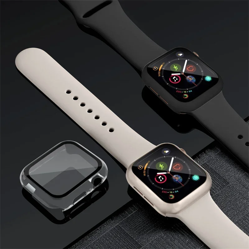 2PCS Tempered Glass+cover For Apple Watch Case 44mm 40mm 42mm 41mm 45mm PC bumper Screen Protector iWatch series 9 8 7 6 5 3 se