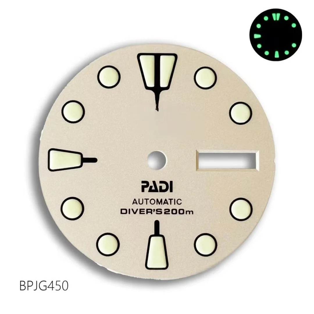 Cadran de montre NH36 PADI S logo 28,5 mm, mouvement modifié, cadran vert luminescent, accessoires de montre, montre homme NH35, article très demandé.