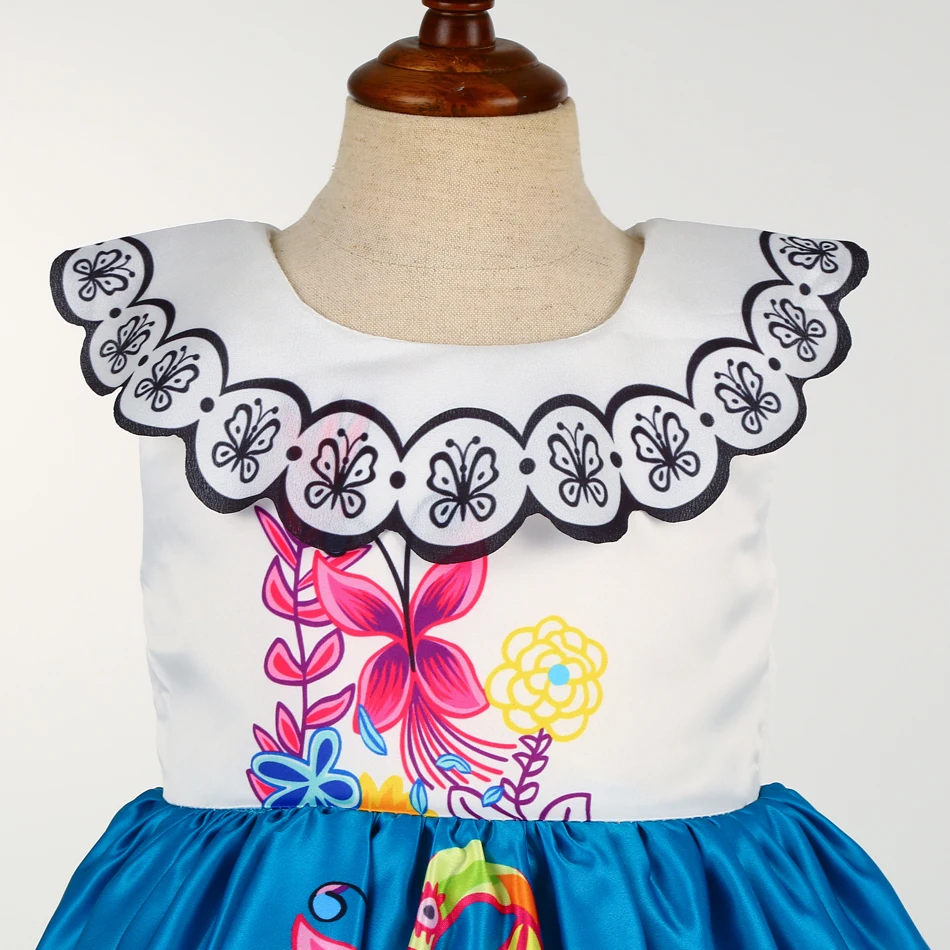 Mirabel-Kleid für Mädchen, ärmellos, Spitzenkragen, bunter Blumendruck, Tüll-Partykleid für Fiesta, Karneval, Geburtstag, Auftritt – Detail 6