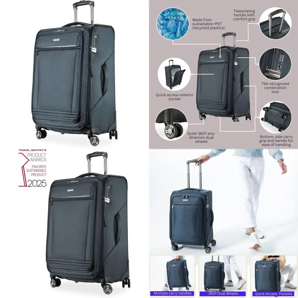 

Экологичный средний зарегистрированный чемодан, изготовленный из 100% переработанного ПЭТ, легкий и устойчивый для путешествий.