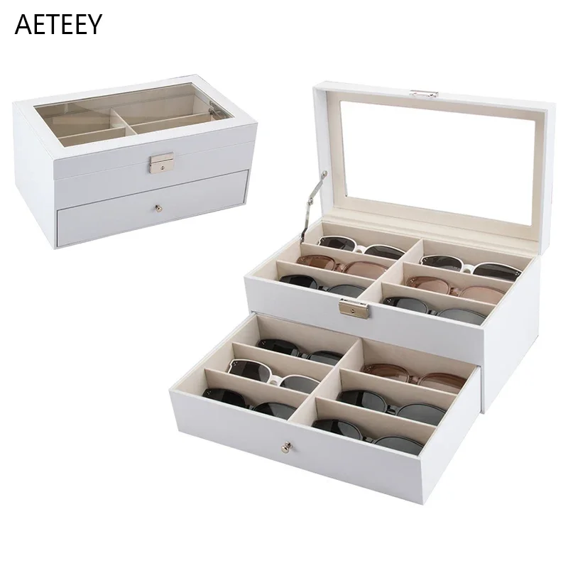 

White PU Double-layer 12 Position Glasses Storage Dustproof Collection Box PU Leather Sunglasses Storage Organizer Display Box