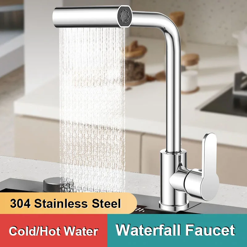 

4 Modes Stainless Steel Kitchen Faucet Waterfall Stream Sprayer Hot Cold Water Mixer Sink Wash Tap Single Hole Deck Faucets