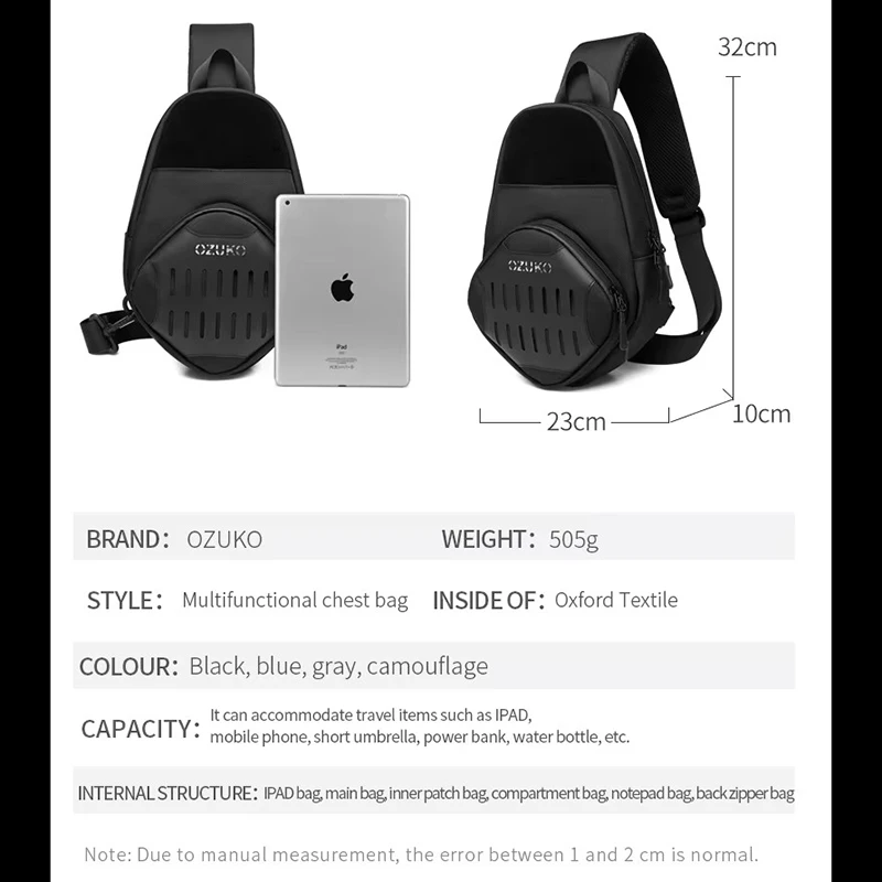 OZUKO New Tactical Chest Bag Korean Style Men\'s Outdoor Sports Waterproof USB Port CrossbodyBag Daily Business Commute Chest Bag