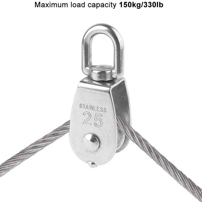 6 Pack M25 Lifting Single Pulley Roller,304 Stainless Steel Single Wheel Swivel Lifting Rope Pulley Block For Wire Rope