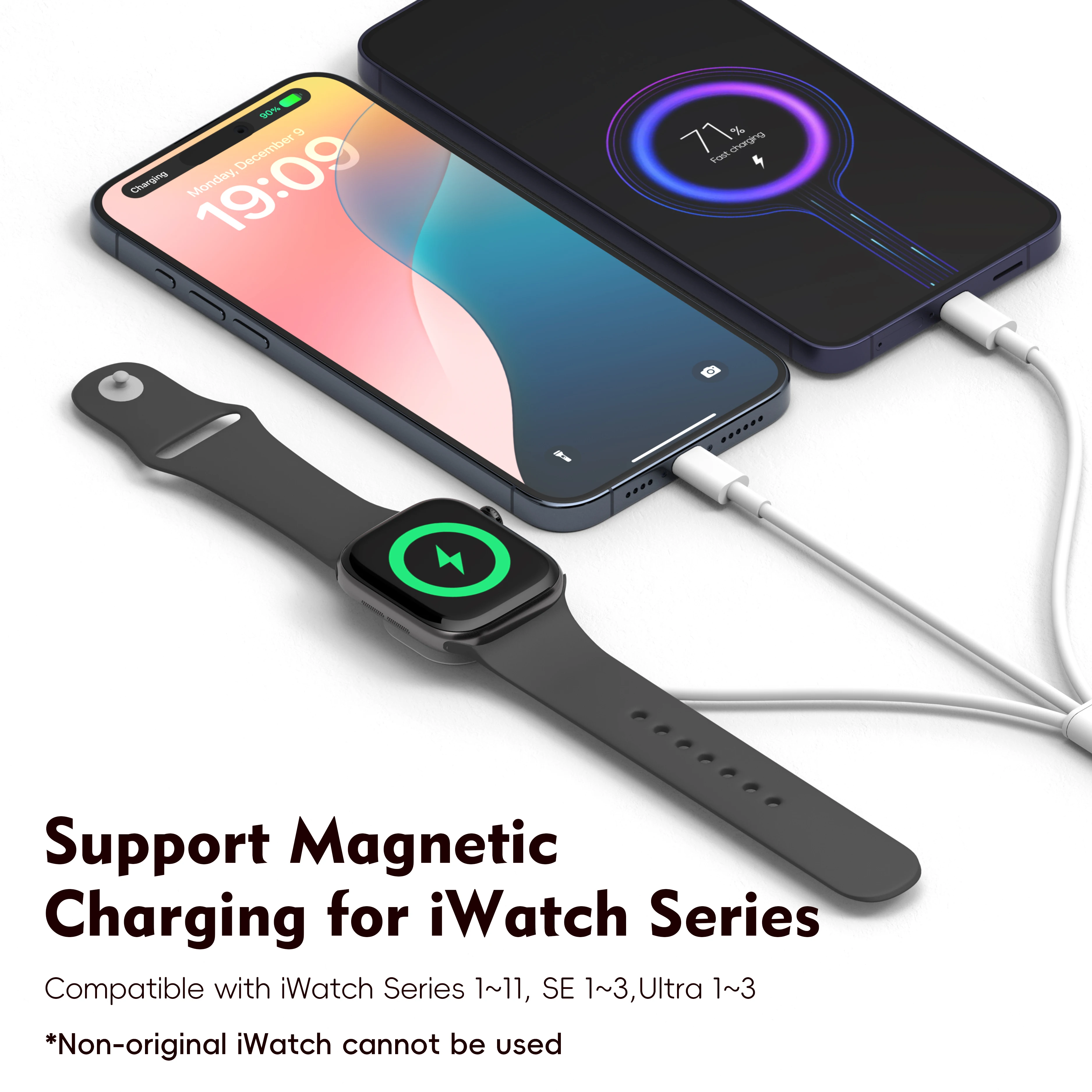 3 in 1 Charging Cable USB-C Phone Charging Adapter with Magnetic Wireless Charger for iWatch 1-11 Series, Portable Travel Dock