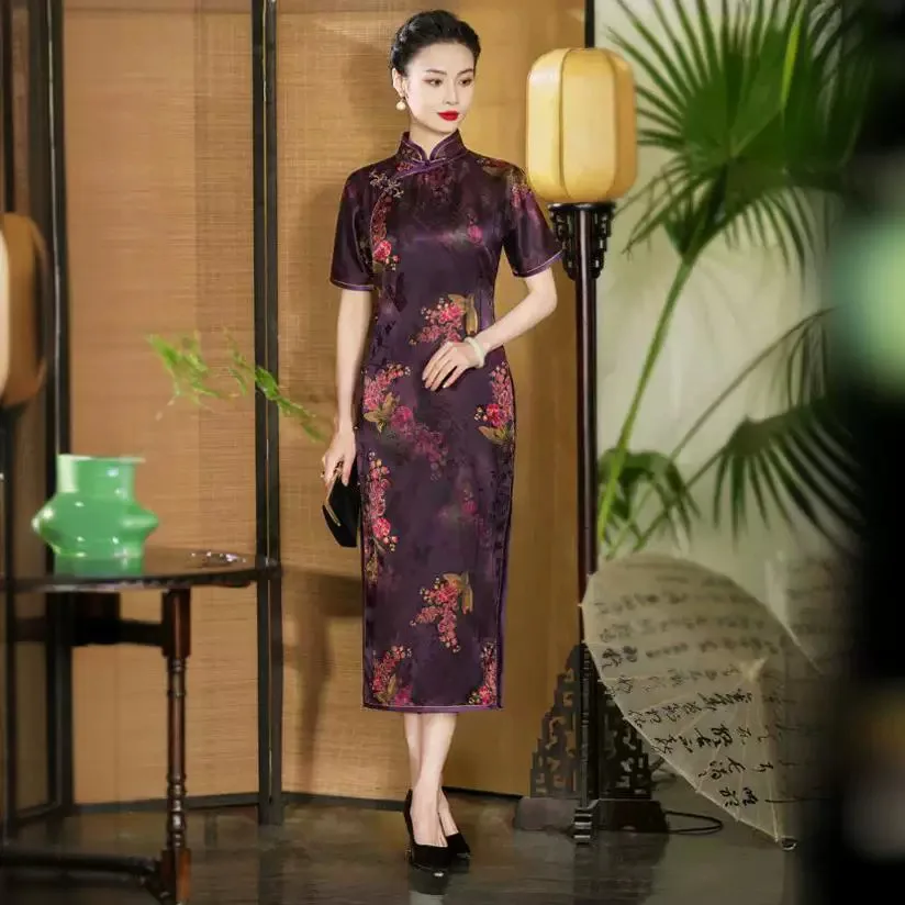 High Quality High-End Handmade Gambiered Guangdong Silk Cheongsam Qipao Retro Improved National Style Real Dress Long