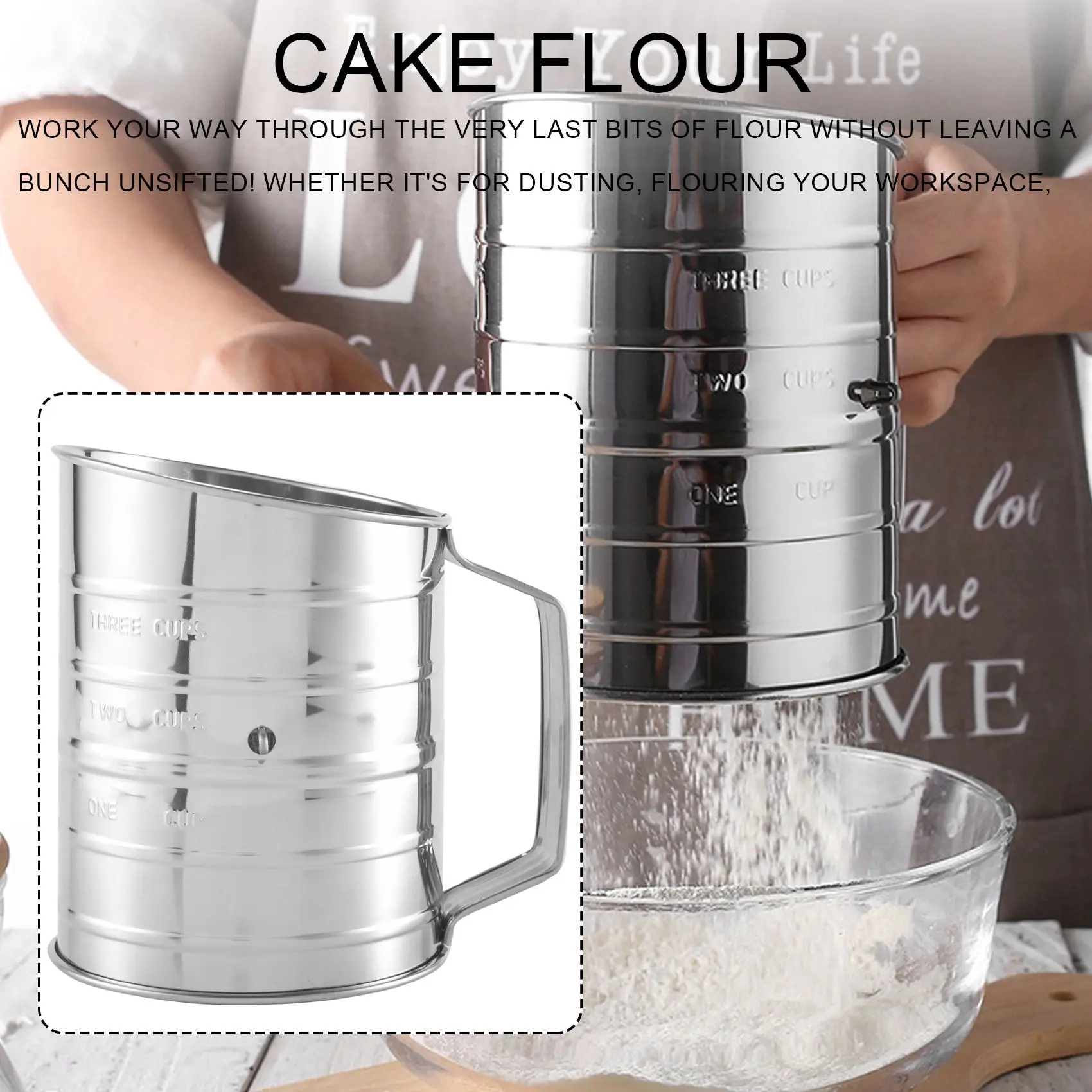 A84E-3 Cup Stainless Steel Flour Sifter - Fine Mesh Rotary Hand Crank Flour Sifter With Agitator Wire Loop For Baking Cakes