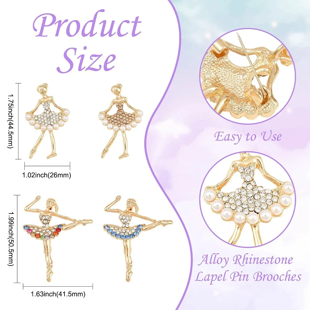 4pcs Ballet Dancer Shape Alloy Brooches Rhinestone Pearl Inlaid Lapel Pin Brooch for Dress Clothing Suit Scarf Decor Jewelry