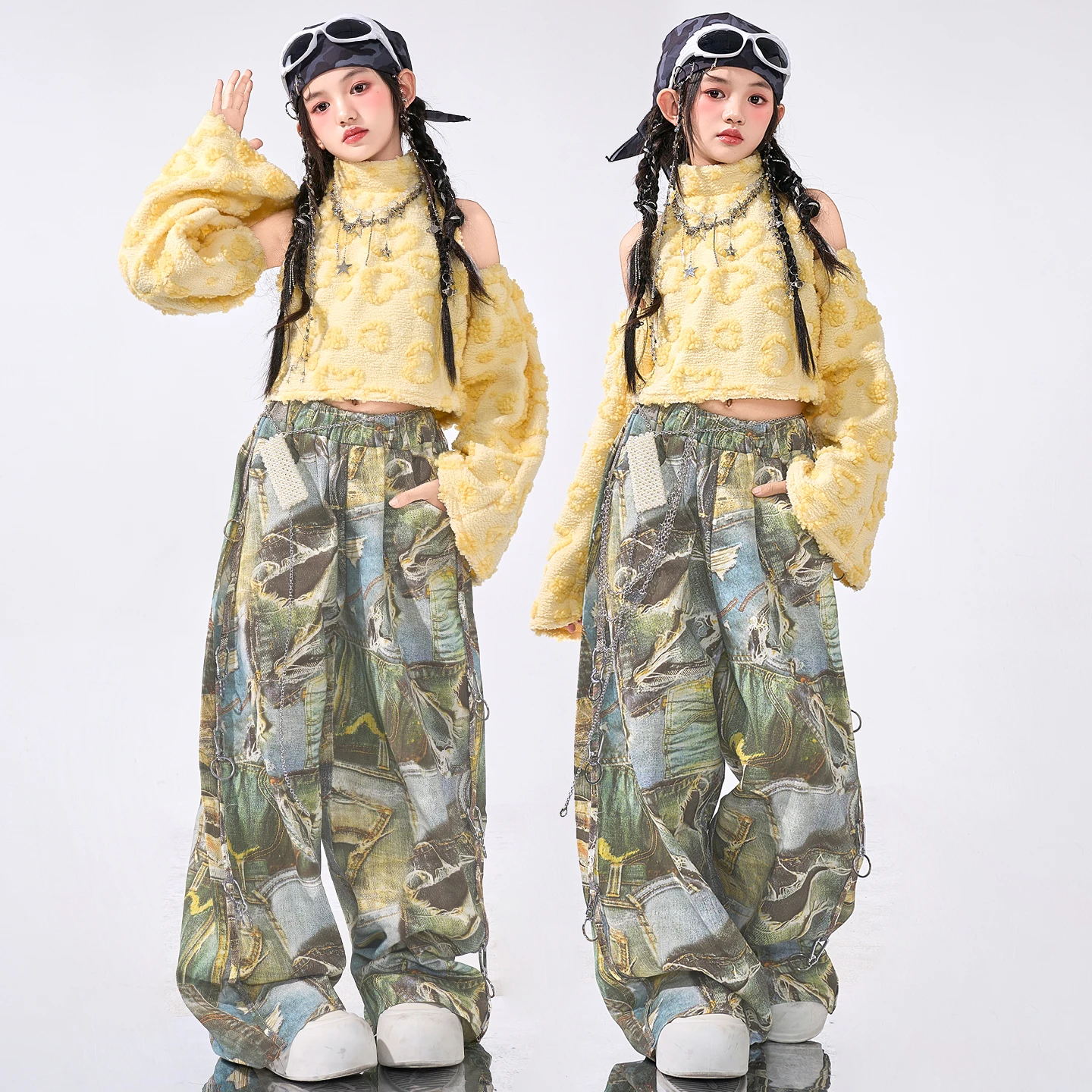 Moda hip-hopowa dla młodzieży, cekinowe crop topy, spodnie cargo w kamuflażu, zestawy ubrań K-pop dla dziewcząt, kostiumy jazzowe dla dzieci, odzież uliczna dla dzieci.