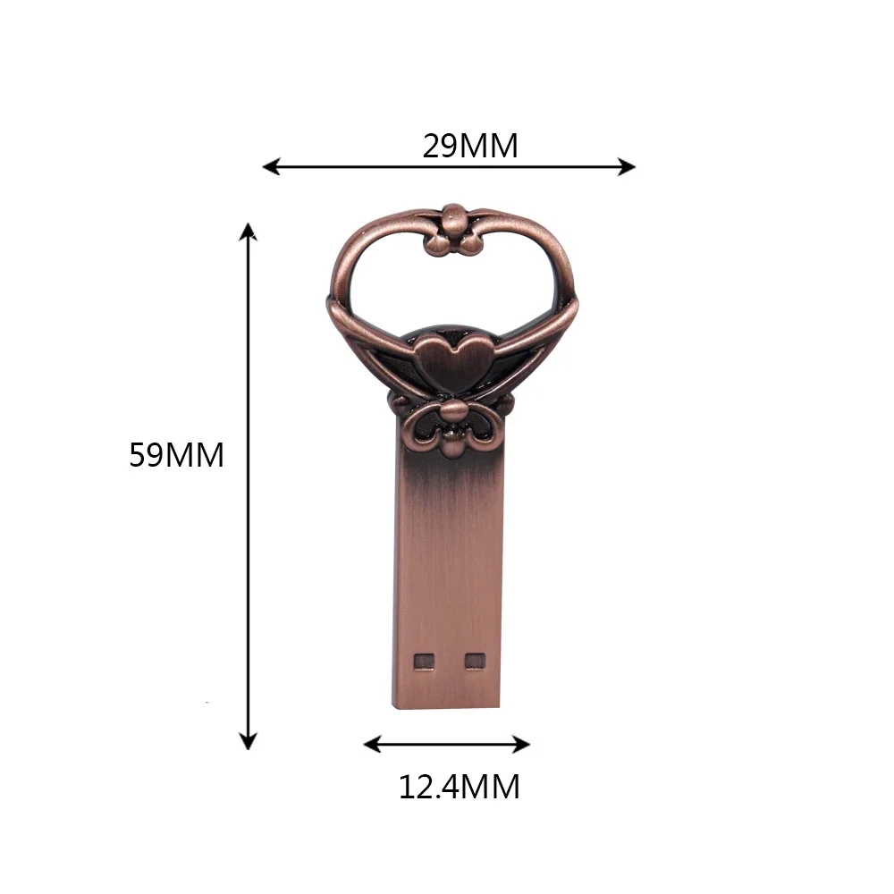 구리 러브 하트 모양 키 USB 플래시 드라이브, 펜 드라이브, 금속 키 메모리 스틱, 결혼 선물, 4GB, 8GB, 16GB, 32GB, 64GB