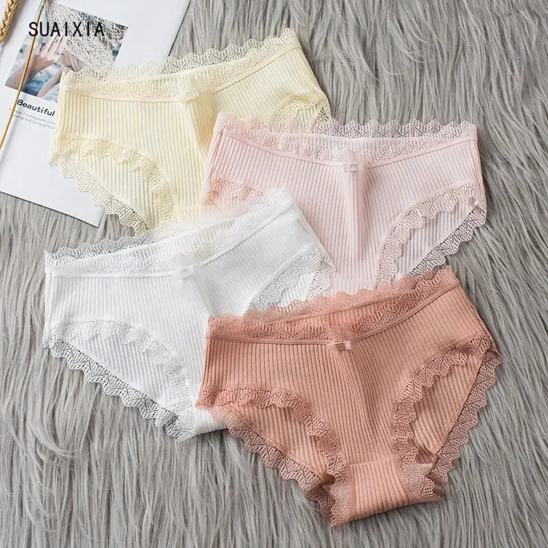Cotton Sexy Lace Mid Waist Underwear Threaded Brief Solid Color Skin Friendly Ladies Underpant Breathable Fashion Casual Panties