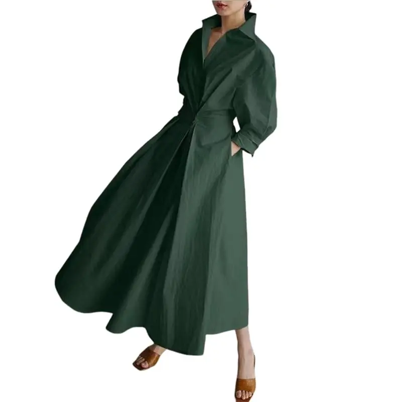 CYL-robe t-shirt Maxi boutonnée en coton pour femmes, col à revers, manches longues