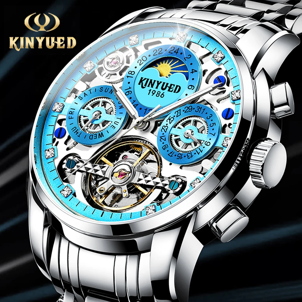 

KINYUED Top Brand Automatic Movement Watch for Men Tourbillon Blue Dial Wristwatch Men's Moon Phase Watch Waterproof Male Clock