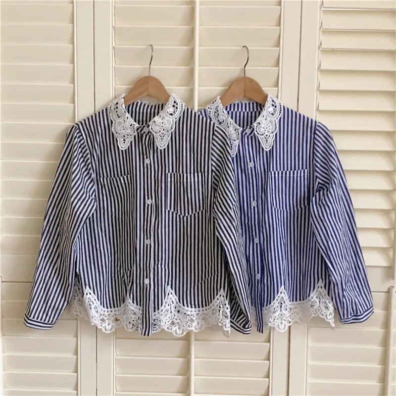 

New Lace Patchwork Striped Women's Long Sleeved Shirt Fashion Versatile Lady's Top
