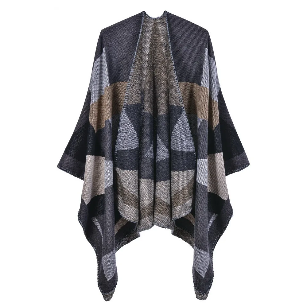 

Checker Knitted Shawl Women Warm Autumn Winter Reversible Cloak Geometric Pattern Poncho Lady Capes Gray Cloaks