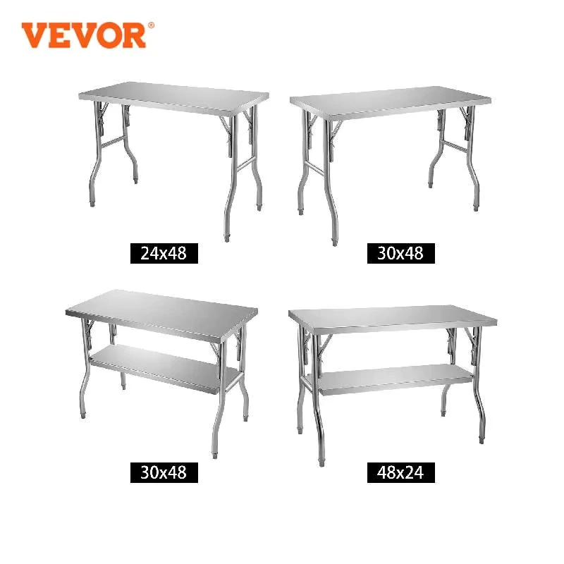 VEVOR Single/Double-Shelf Professional Stainless Steel Open Kitchen Folding Work Prep Tables Easy Storage for Home Commercial