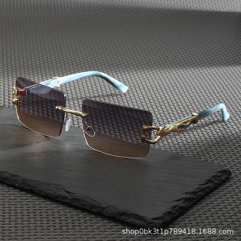 

Frameless Square Sunglasses Unisex Leopard Wood Grain & Porcelain Temple UV400 Summer Travel Eyewear Trendy Luxury Shades