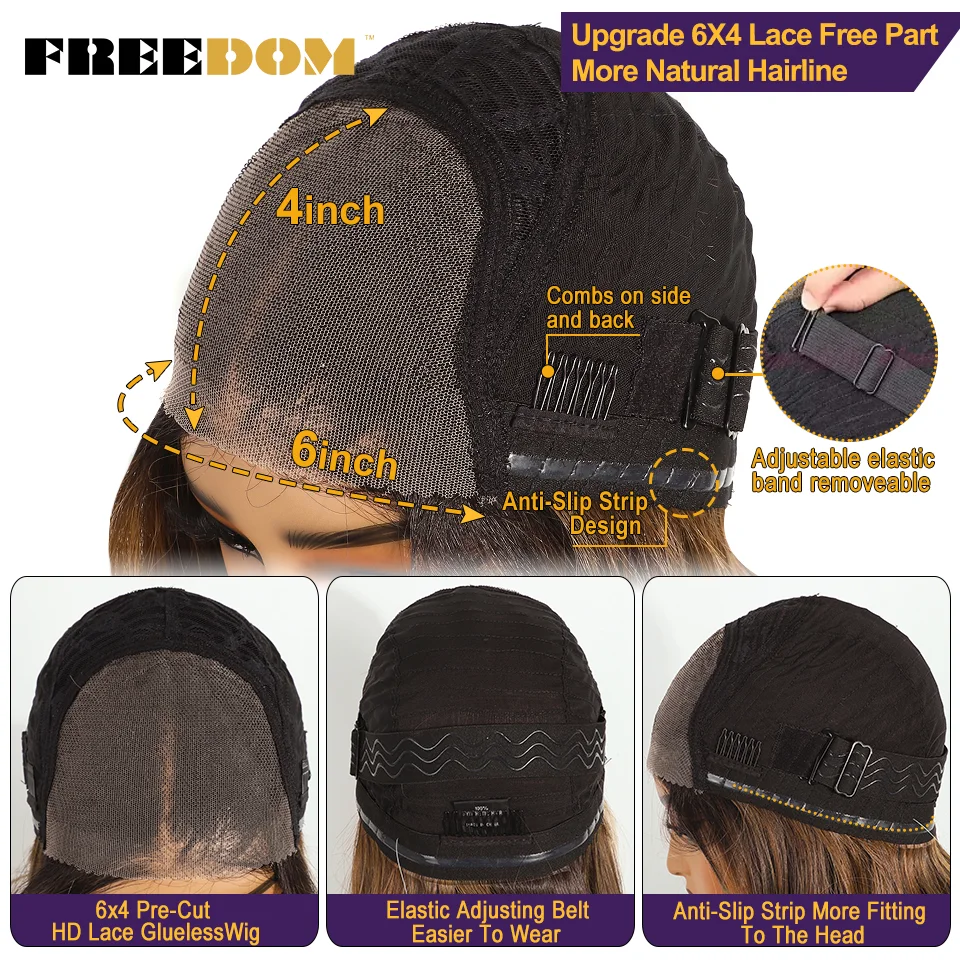 الحرية الاصطناعية الدانتيل الجبهة الباروكات للنساء قصيرة الطبقات مستقيم 6x4 ارتداء والذهاب غلويليس شعر مستعار أومبير براون قبل قطعها الدانتيل الباروكة