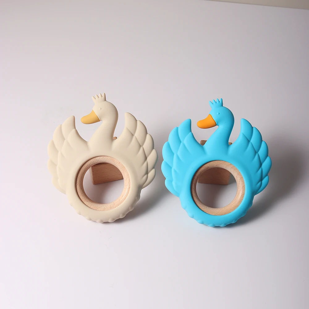 2024 new swan silicone teether Food Grade wooden ring  baby Teething toy