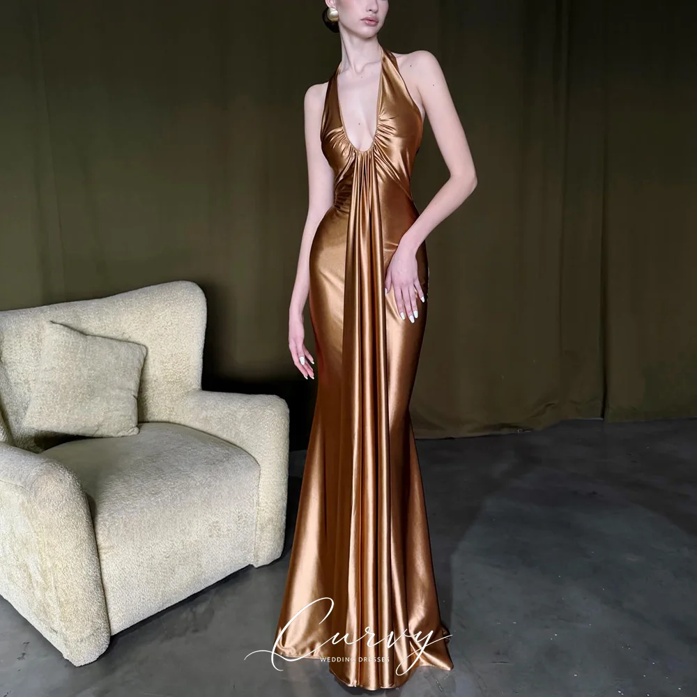 Curvy Modern Gold Evening Dresses for Women Halter Neck Satin Mermaid Formal Party Dress with Open Back Customized
