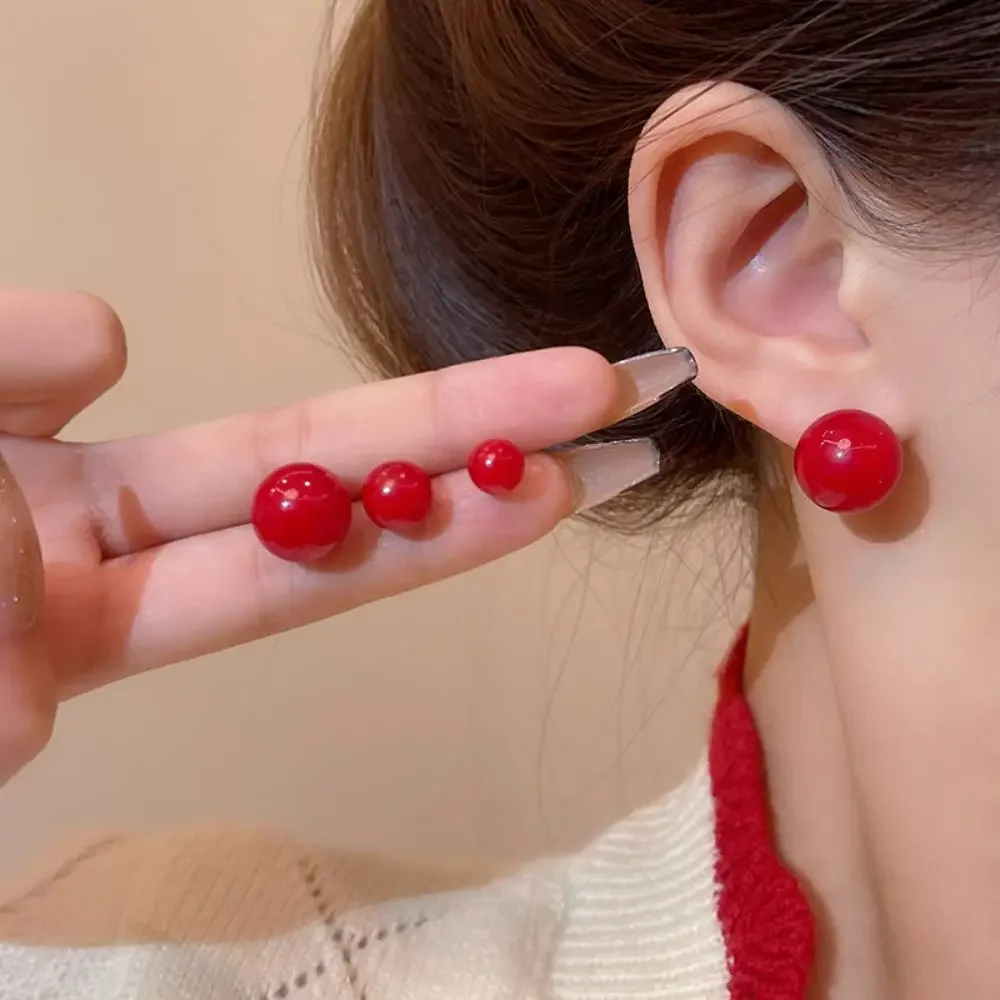 Vintage Red Pearl Stud Round Earrings for Fashion Women Sweet Imitation Pearl Temperament Earings Wedding Party Jewelry Gifts