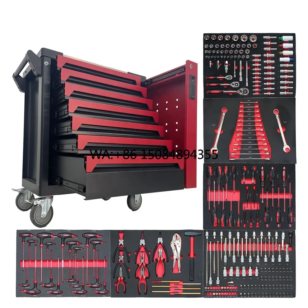 

CE Stainless Steel Tool Cabinet 7 Drawers and 1 Side Drawer Tool Box Sets with Mechanic Tool Set 258pcs Customize Herramientas