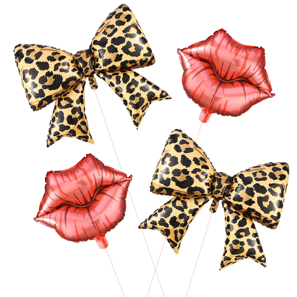 4Pcs Cheetah Patterned Bows Red Lip Foil Balloon Bachelor Party Kiss the Miss Goodbye Baby Shower Women's Birthday Party Decor