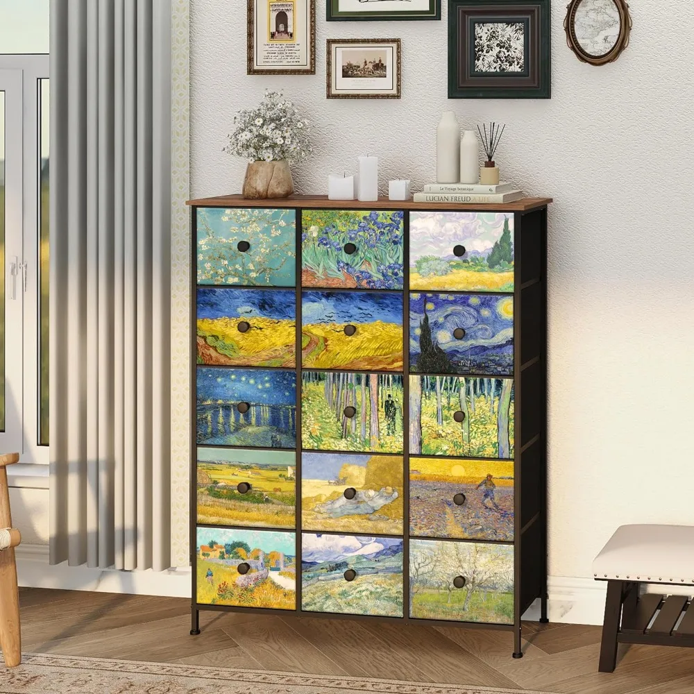 Large Tall Dresser and Chest of Drawers Van Gogh Fabric Storage Tower Drawer Dresser Furnitures Living Room Cabinets Locker File