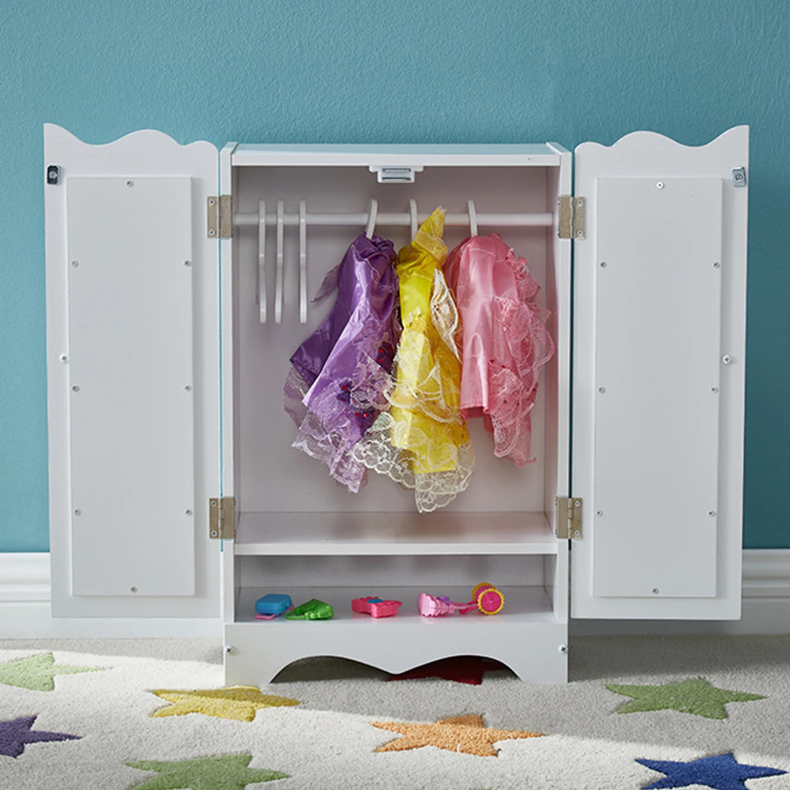 

18 Inch Doll Clothes Storage Furniture Wardrobe Wooden Baby Doll Closet with Mirror 6 Hangers for Over 3 Years Kids White