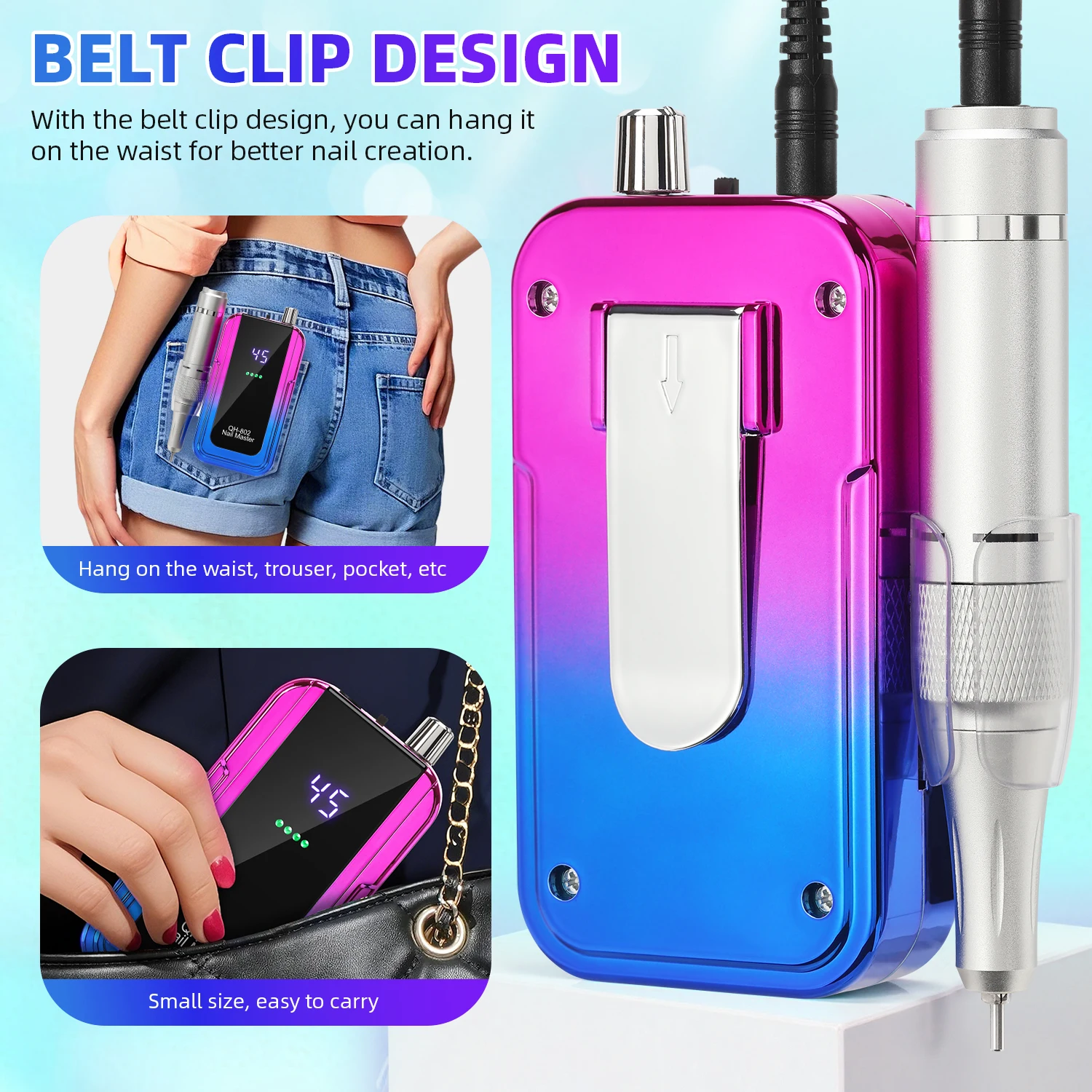 Profissional 45000rpm elétrica portátil máquina de broca do prego recarregável baixo ruído lixadeira arquivo para manicure ferramenta salão beleza