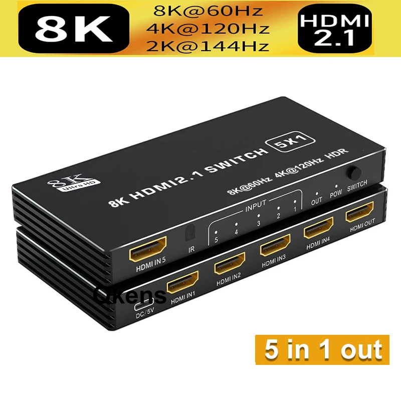 8K 60Hz HDMI Switch 5x1 HDMI2.1 Switcher 5 in 1 Out with IR Remote 3D VRR HDR 4K 120Hz Video Converter for Xbox PS4 PS5 PC To TV