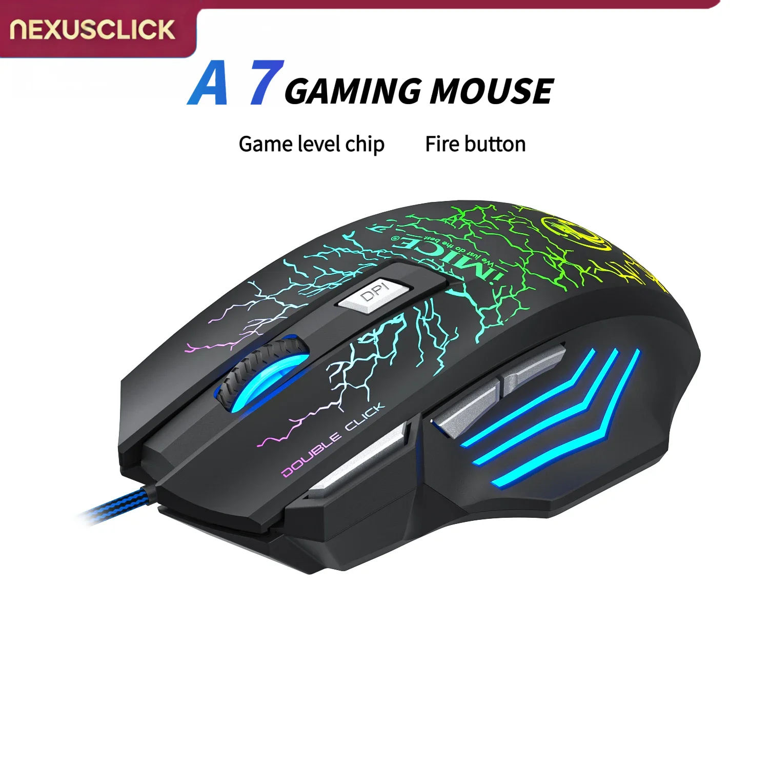 NexusClick New Hyperspeed USB Gaming Mouse, RGB Backlit 3200 DPI Ergonomic Game Mice 7D Esports Wired Mouse for Laptop PC Gamer