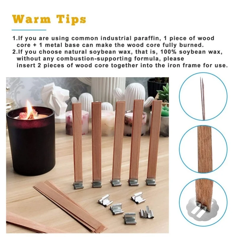 Sumbu Lilin Kayu 0.6x5.9in Tanpa Asap untuk Pembuatan Lilin dengan Dudukan Baja Tahan Karat untuk Pembuatan Lilin DIY