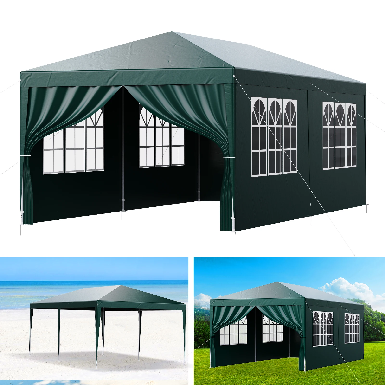 LOEFME 3x6M Large Garden Heavy Duty Gazebo Marquee Canopy Party PE Tent Wedding Canopy Green Waterproof Tent with Windows