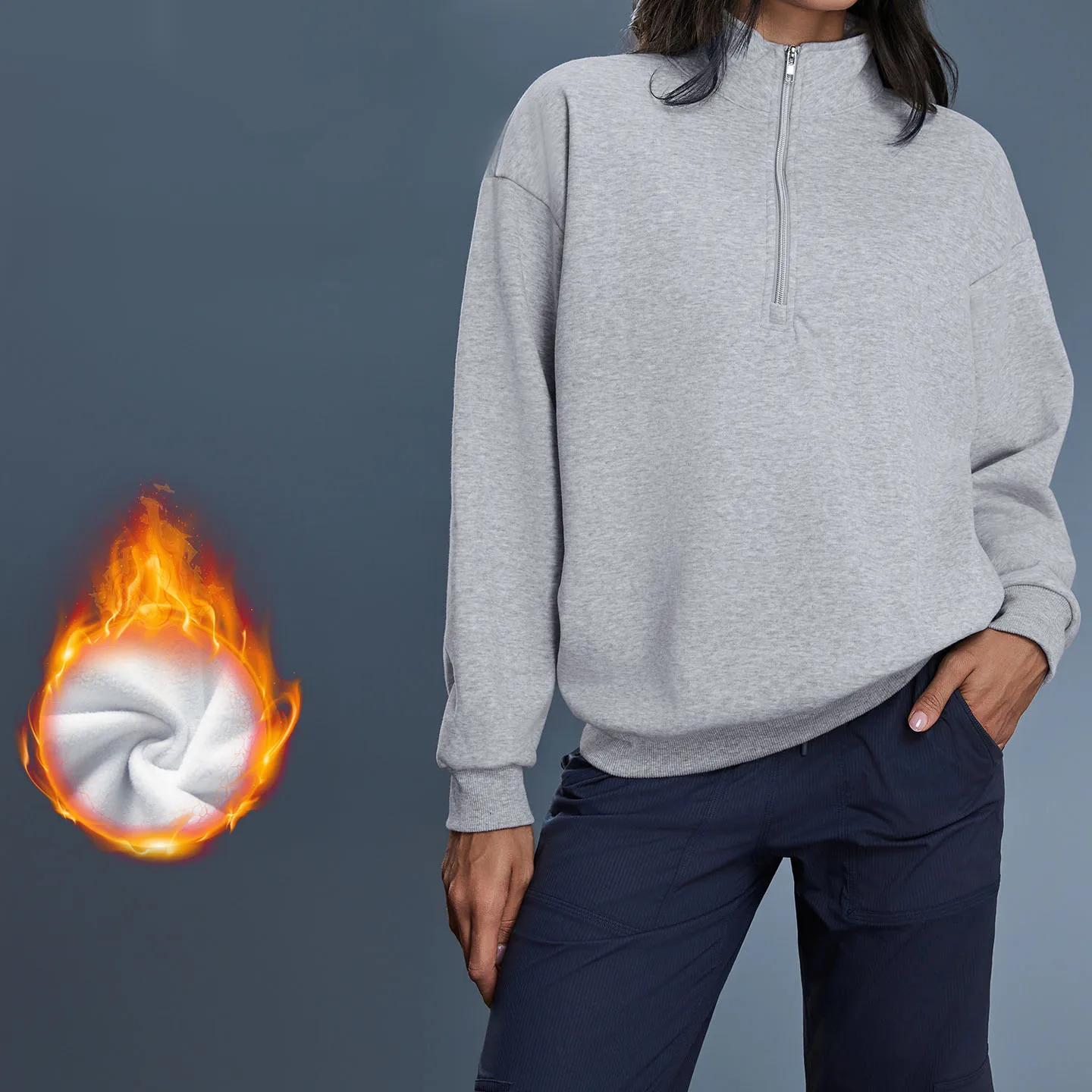 

Plus Size Fleece Lined Half-Zip Hooded Sweatshirt - Thickened Thermal Pullover For Women, Oversized Casual Top Fall Winter